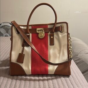 Michael Kors Red and Tan Satchel with Gold-Tone Lock